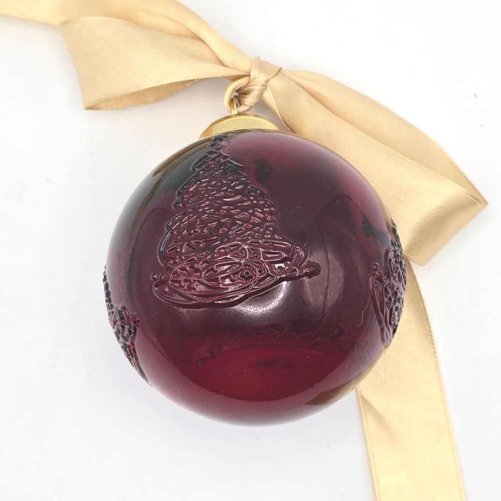 Christmas Ornament Red Embossed Glass Tree Gold Ribbon 3 inch
